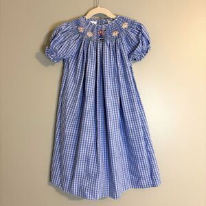Be Mine Smocked Girls Dress Blue Gingham Sz 4T Emboidered Little Bo Peep Sheep